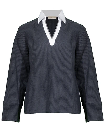 Purotatto V-Neck Ribbed Pullover With Faux Collar