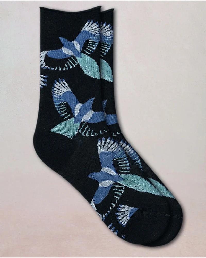 Bleu Foret Velvet Bird Pattern Socks