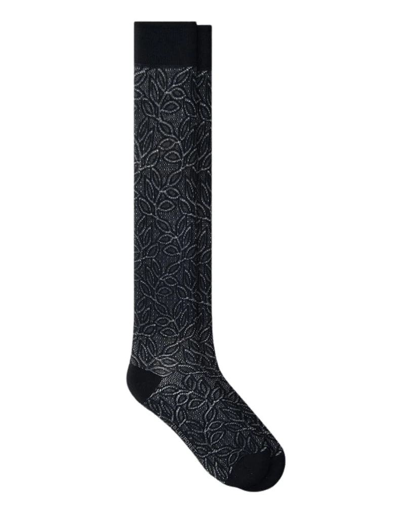 Bleu Foret Foliage Pattern Silk Knee Highs