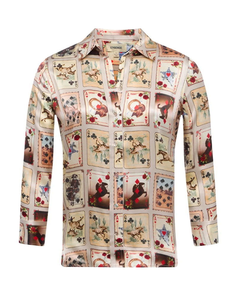 L'Agence Dani Silk Western Cards Print Blouse