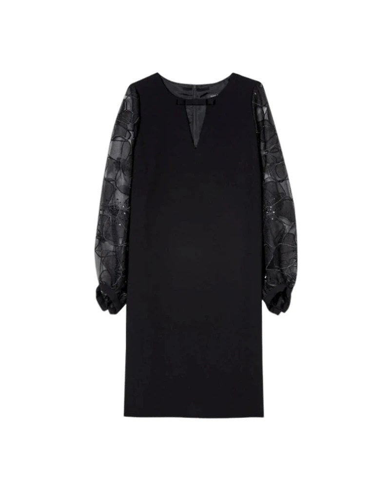 Luisa Cerano Crepe Dress With Floral Organza Sleeves