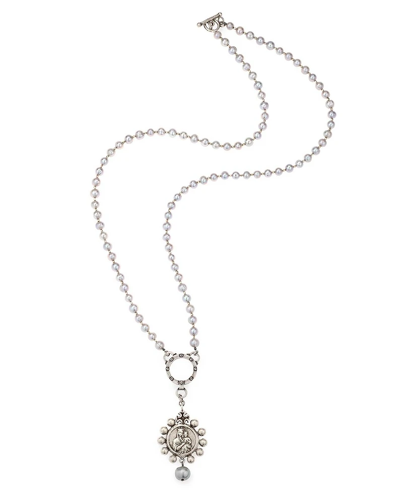 Silver Pearls Mary Medal Necklace