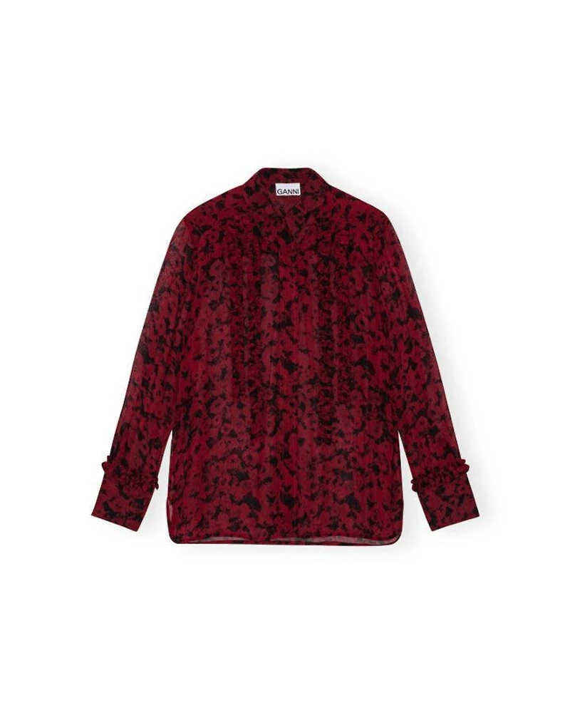 Ganni Red Print Georgette Ruffle Shirt