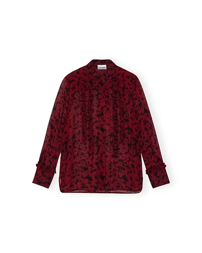 Ganni Red Print Georgette Ruffle Shirt