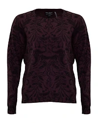 Cashmere Floral Design Crew Neck Sweater Burgundy