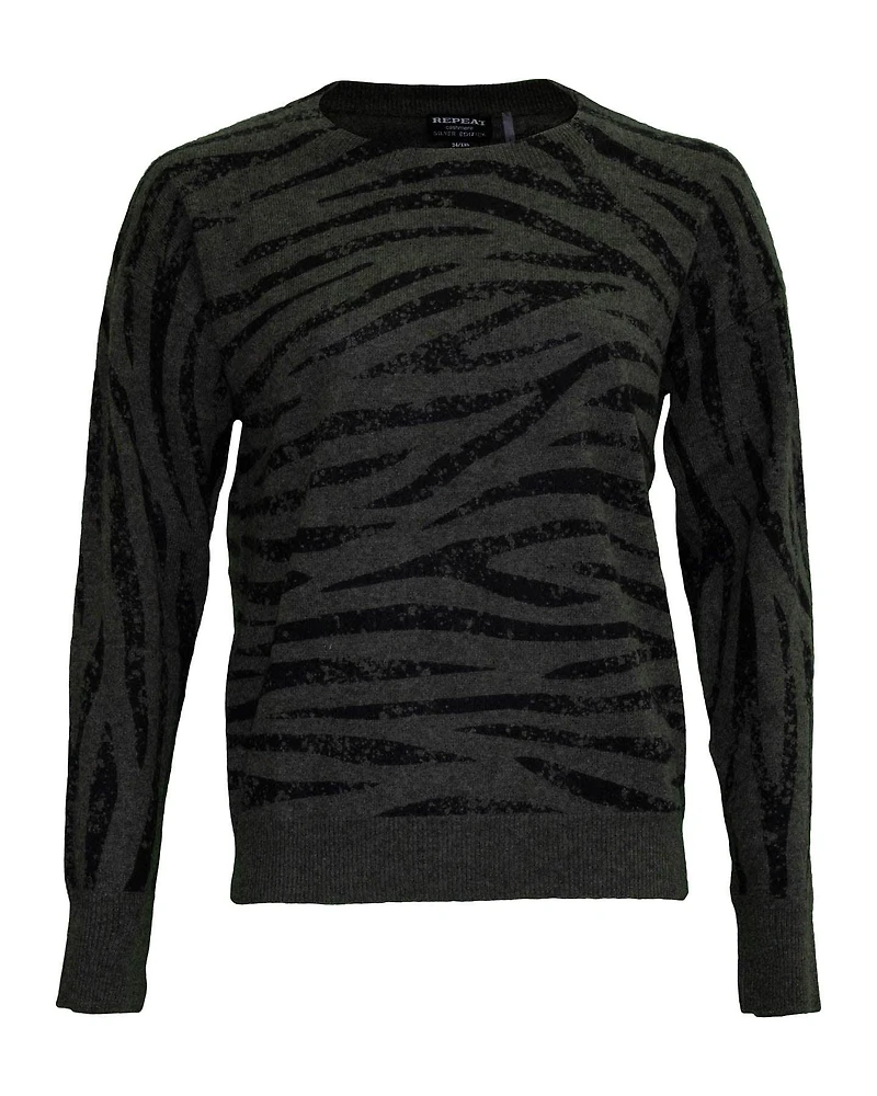 Cashmere Tiger Print Crew Neck Sweater Khaki
