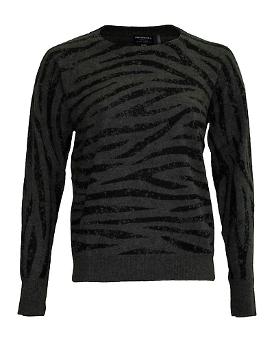 Cashmere Tiger Print Crew Neck Sweater Khaki