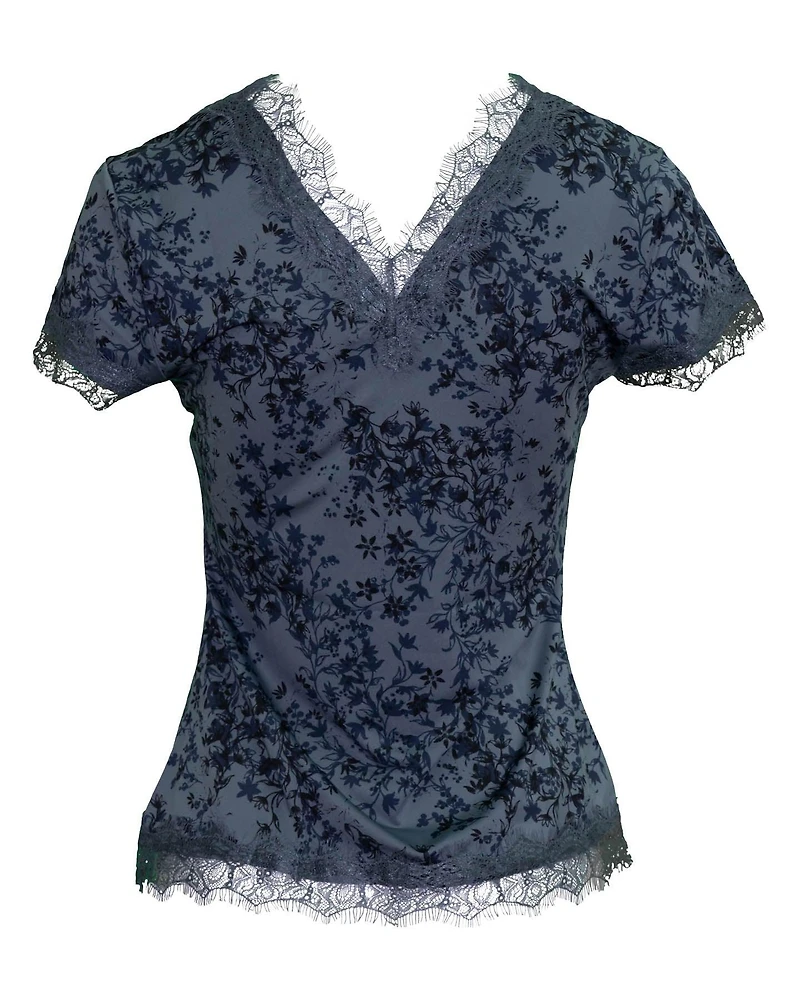 V Neck Lace Trimmed Printed Floral Tee Blue
