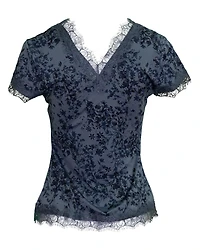 V Neck Lace Trimmed Printed Floral Tee Blue