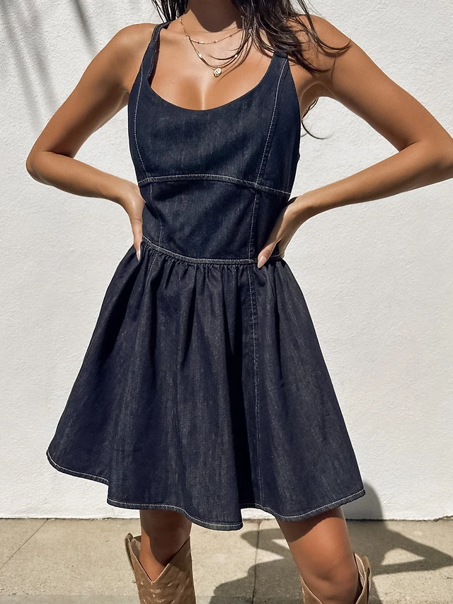 Miou Muse Indigo Denim Mini Dress - Final Sale | Pacific City