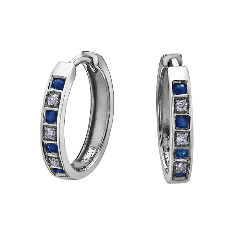 10k White Gold Diamond & Blue Sapphire Huggie Earrings