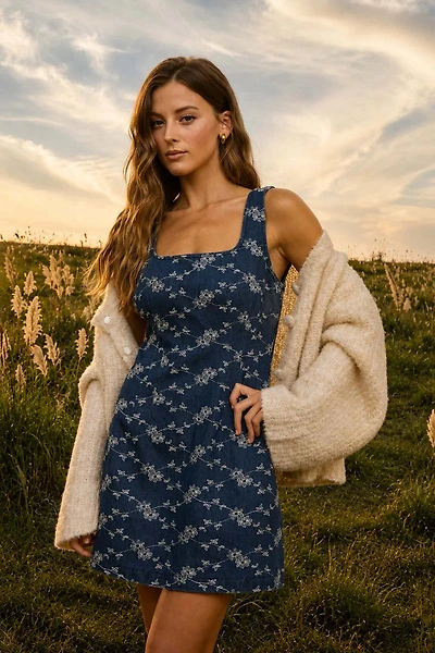 Floral Embroidered Denim Mini Dress