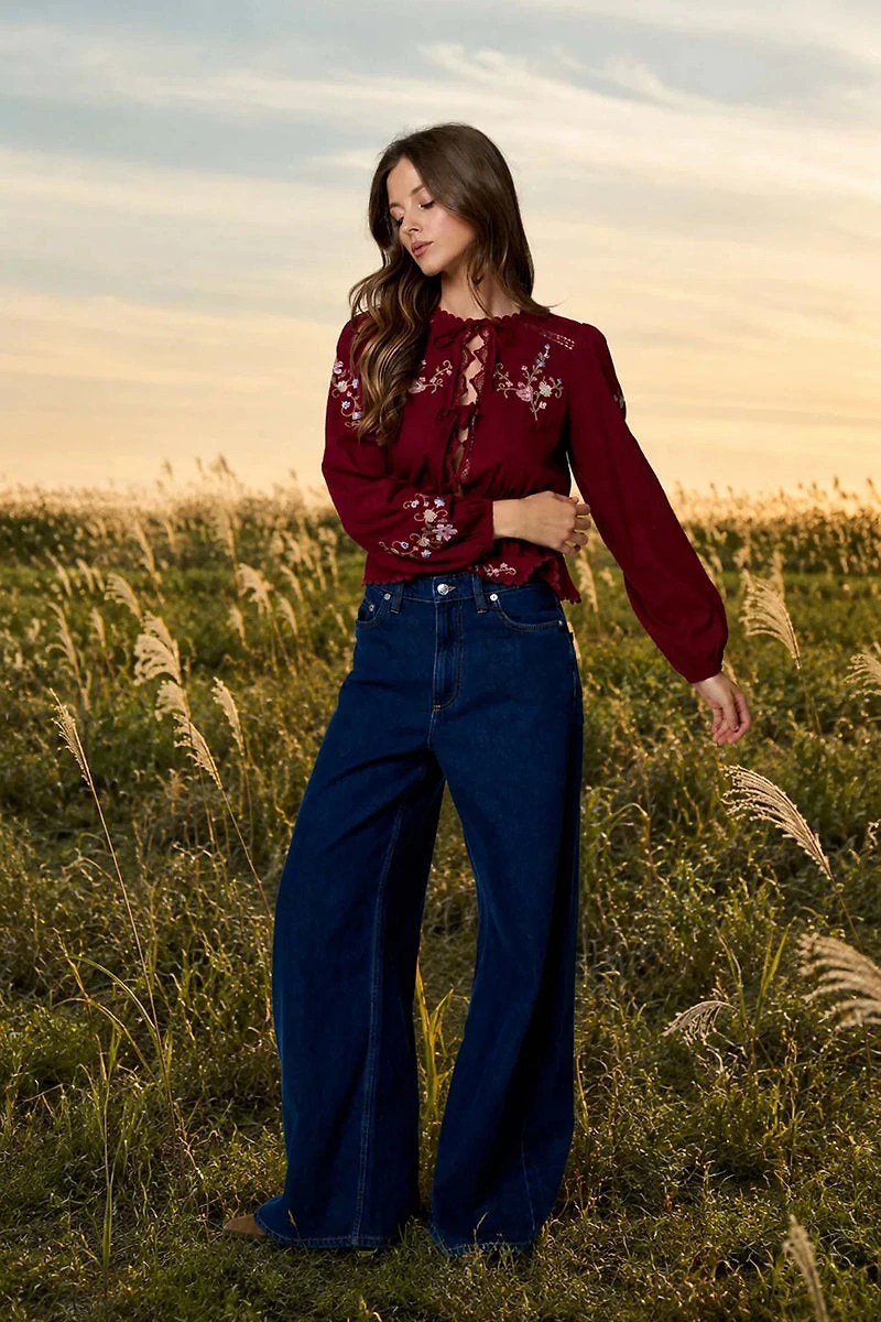 Floral Embroidery Long Sleeve Blouse