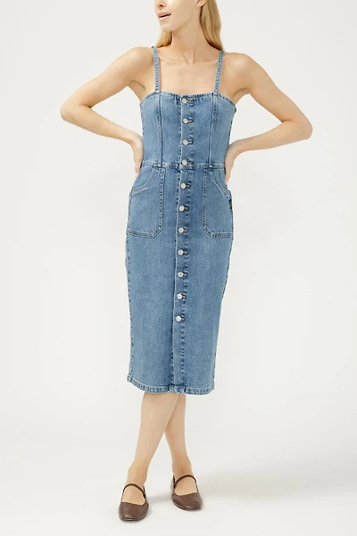 Button-Front Denim Midi Dress