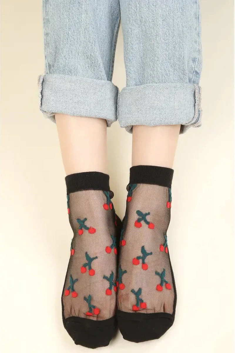 Cherry Embroidered Mesh Socks