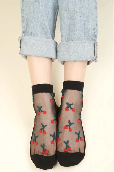 Cherry Embroidered Mesh Socks