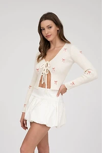 Embroidered Bowtie Front Cardi