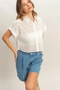 Eyelet Cropped Button Up