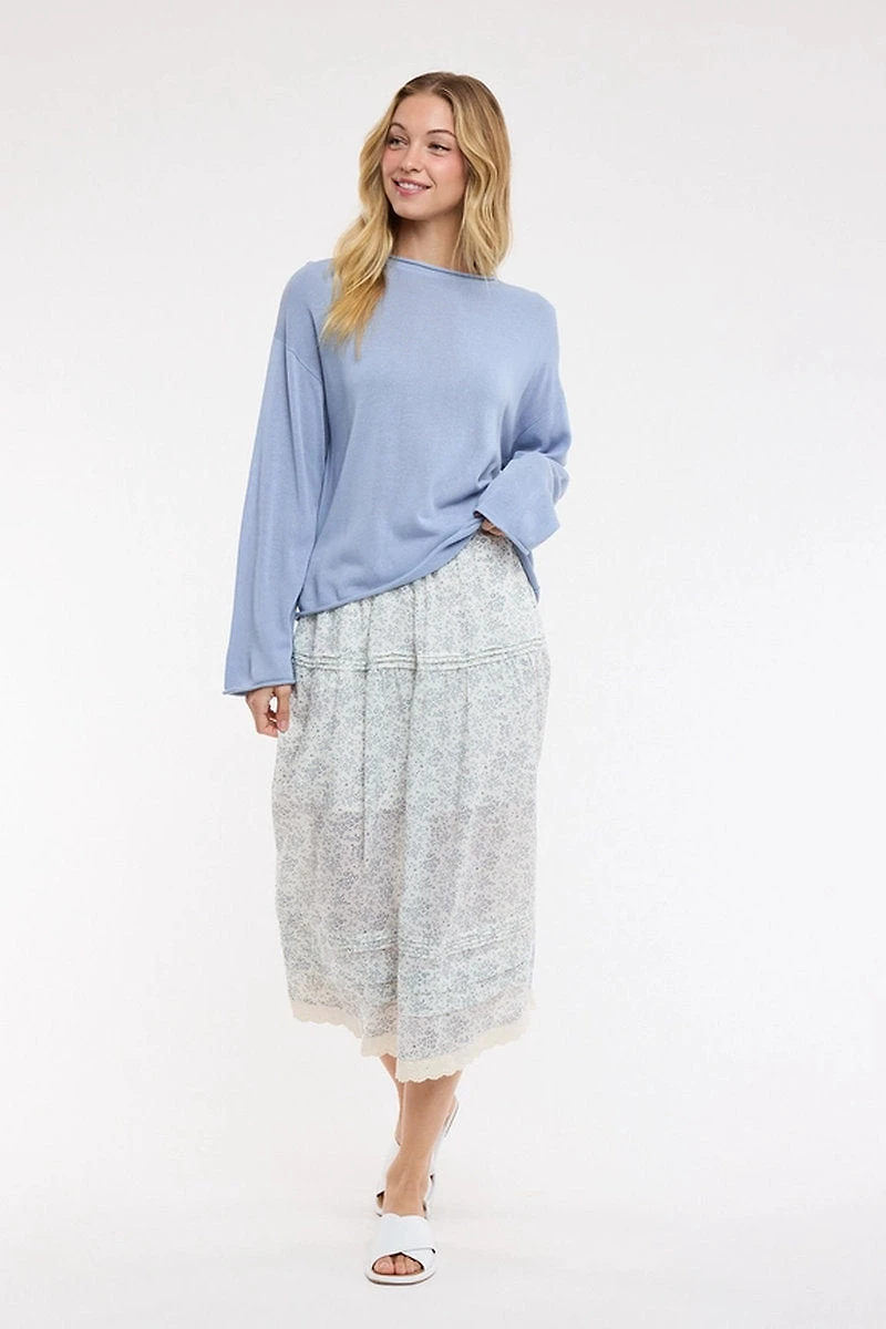 Floral Lace Trim Midi Skirt