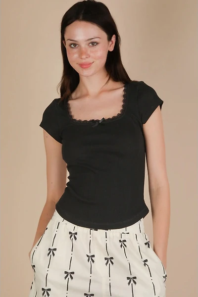 Lace & Bow Ribbed Top