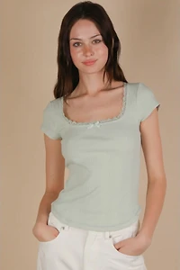 Lace & Bow Ribbed Top