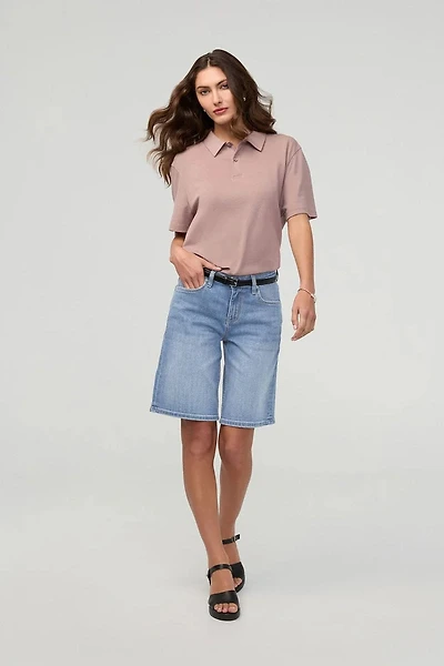 Performance Denim + Mid Rise Loose Shorts