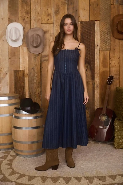 Striped Corset Denim Midi Dress