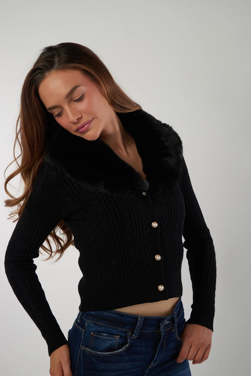 Cardigan à col en fourrure - PINA (E-B8)