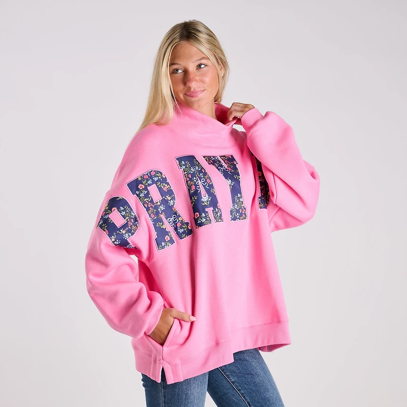 Pray Big Patchwork Letter Mock Neck Sweatshirt