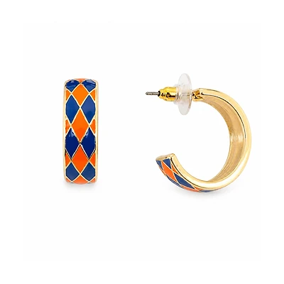 Blue and Orange Checkered Hoop Earrings