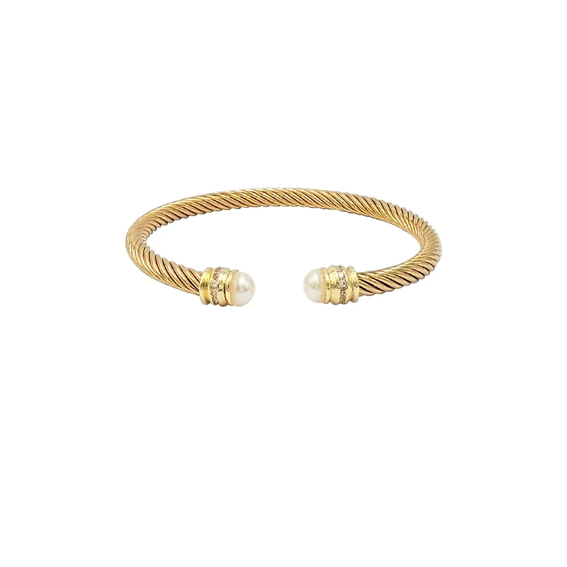 Pearl Accent Twisted Cable Bangle in Gold