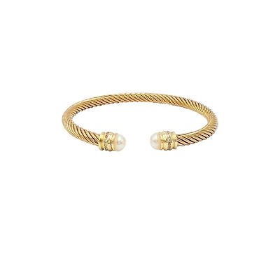 Pearl Accent Twisted Cable Bangle in Gold