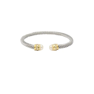 Pearl Accent Twisted Cable Bangle in Silver