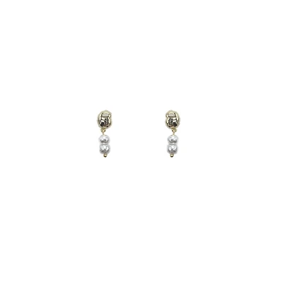 Double Pearl and Gold Drop Earrings