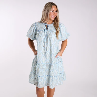 Floral Printed Neck Tie Tiered Dress