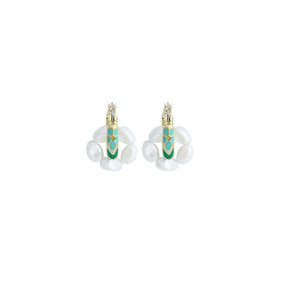 Pearl and Blue Floral Gold Hoop Earrings