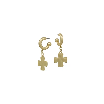 Cross Drop Hoop Gold Earrings