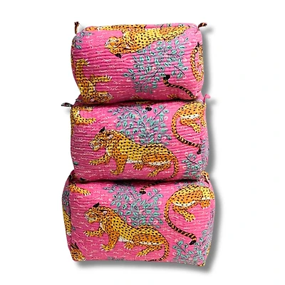 3-in-1 Quilted Cosmetic Bag Set in Hot Pink Leopard