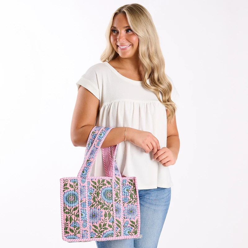 Mini Pink and Blue Floral Quilted Tote Bag