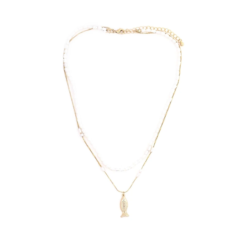 Fish Charm Pearl and Gold Layered Necklace