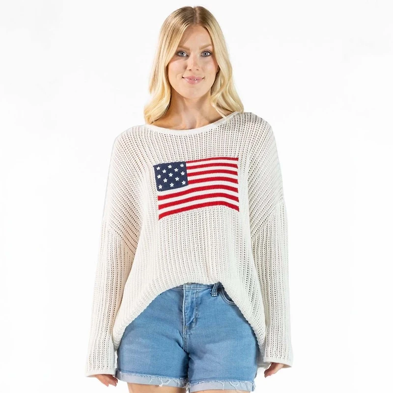 USA Flag Open Knit Sweater White