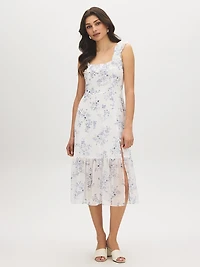 Robe mi-longu en mousseline à fleurs et volants