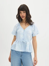 Linen-Blend Floral Peplum Blouse
