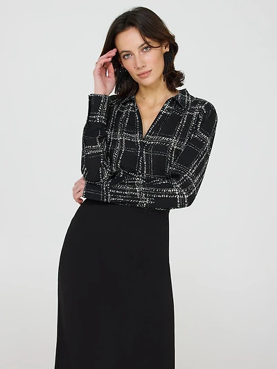 Satin Plaid Johnny Collar Popover Blouse
