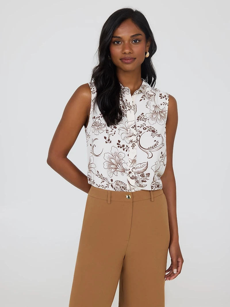 Sleeveless Paisley Print Button-Front Blouse