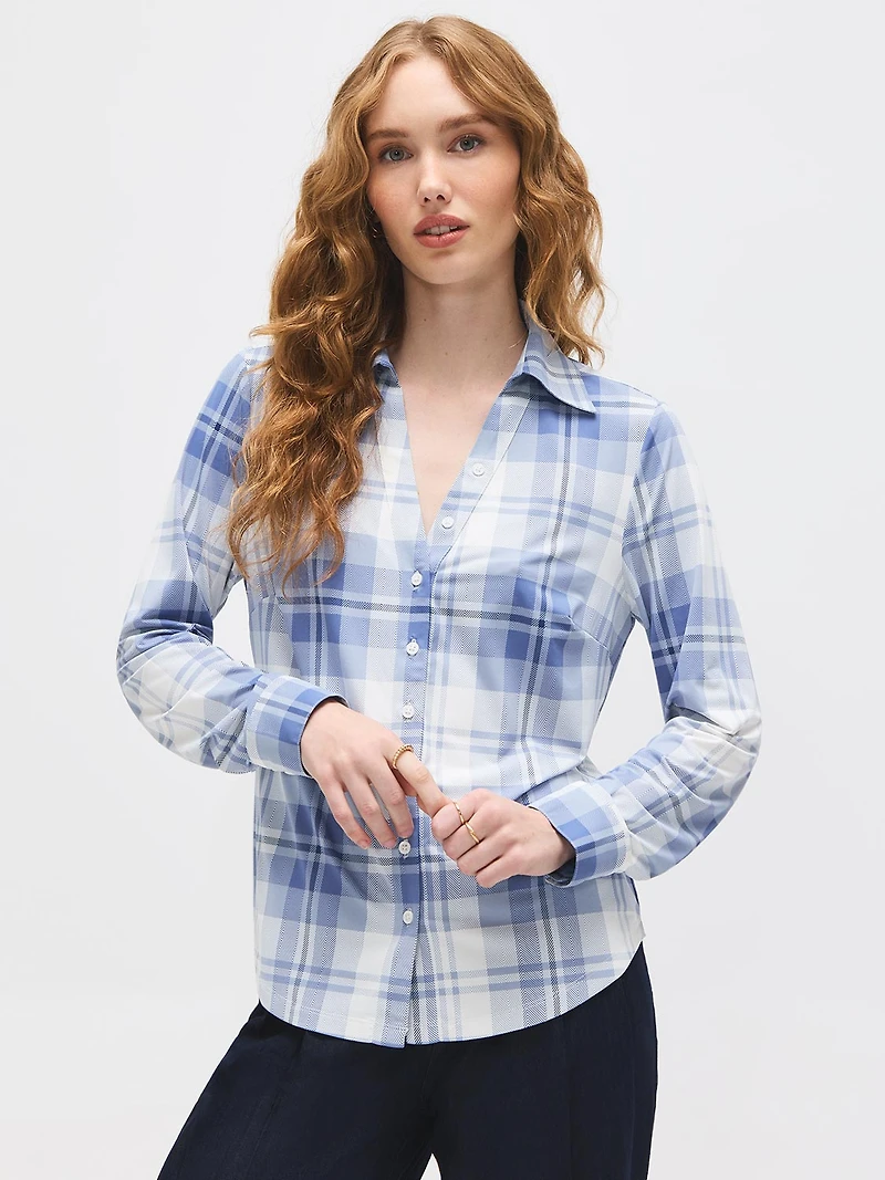 Plaid Johnny Collar Button-Front Blouse