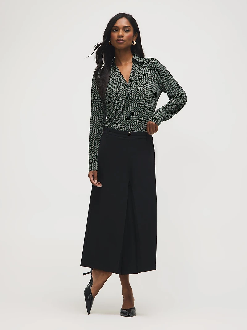 Printed Johnny Collar Button-Front Blouse