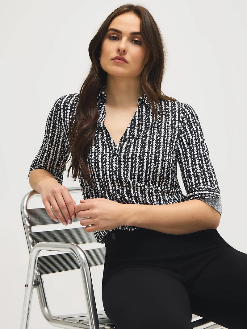 Striped Johnny Collar Button-Front Blouse