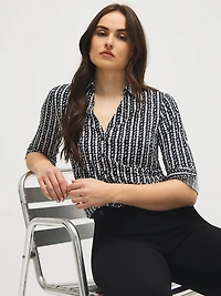 Striped Johnny Collar Button-Front Blouse