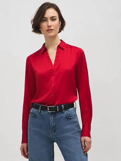 Johnny Collar Satin-Like Blouse